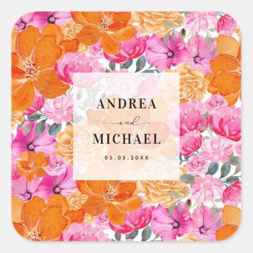 Light Faded Pink and Orange Floral Bright Wedding Square Sticker
