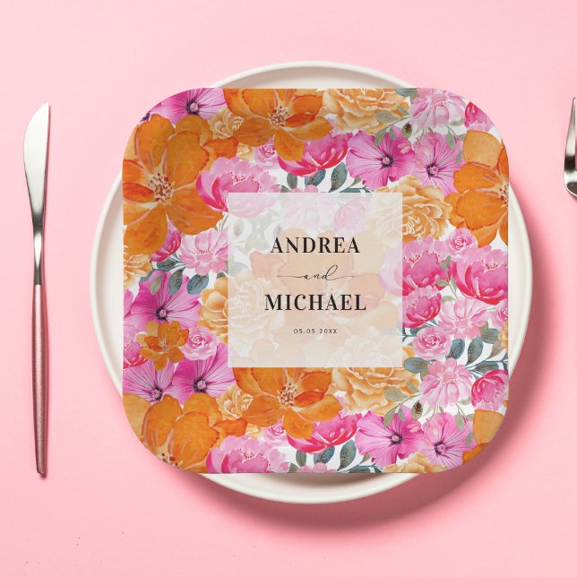Light Faded Pink and Orange Floral Fresh Wedding Paper Plates (Creator Uploaded)