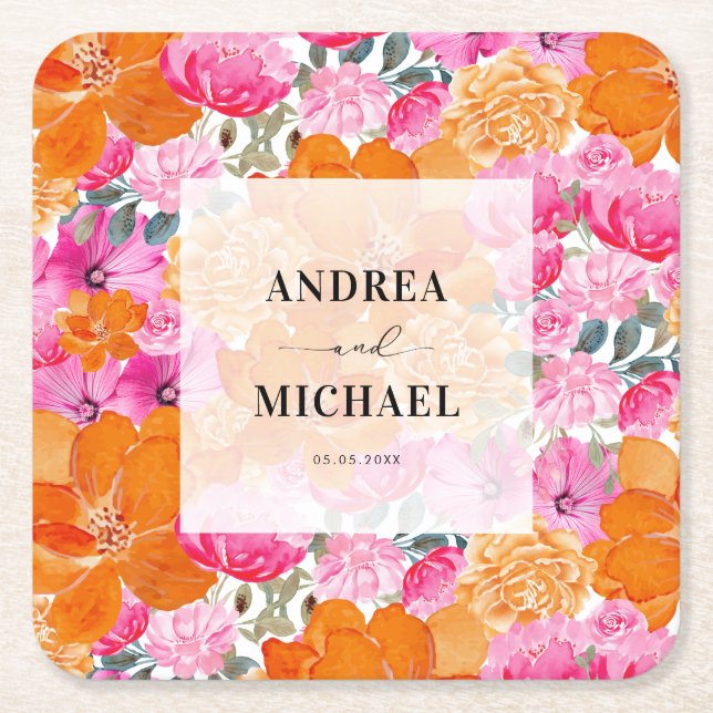 Light Faded Pink and Orange Floral Summer Wedding Square Paper Coaster (Front)
