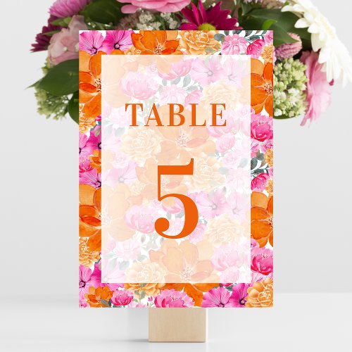 Light Faded Pink Orange Floral Table 5 Wedding Table Number