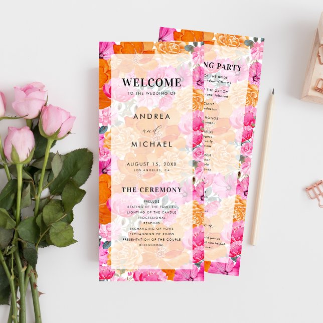 Light Faded Pink Orange Fresh Floral Bloom Wedding Program (Creator Uploaded)