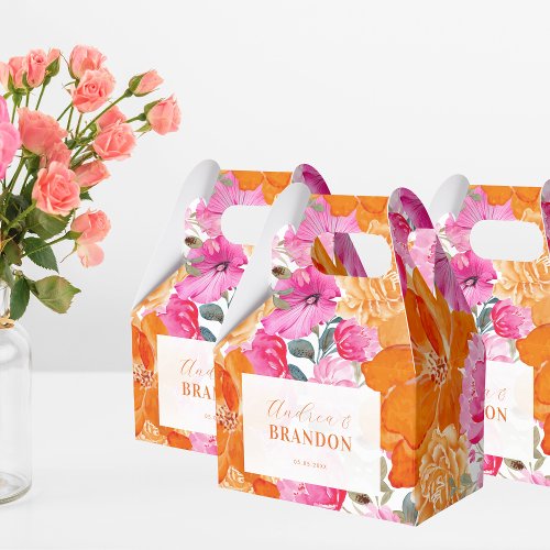 Light Faded Pink Orange Garden Floral Name Wedding Favor Boxes