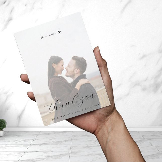 Light Fading Photo Monogram Elegant White Wedding Thank You Card (Creator Uploaded)