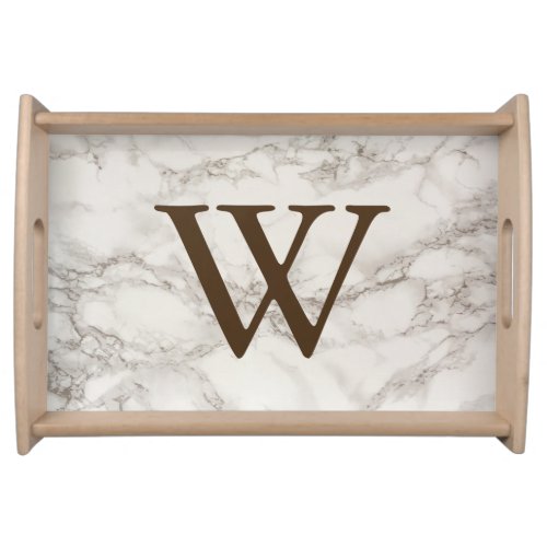 Light Faux Taupe White Marble Monogram Serving Tray