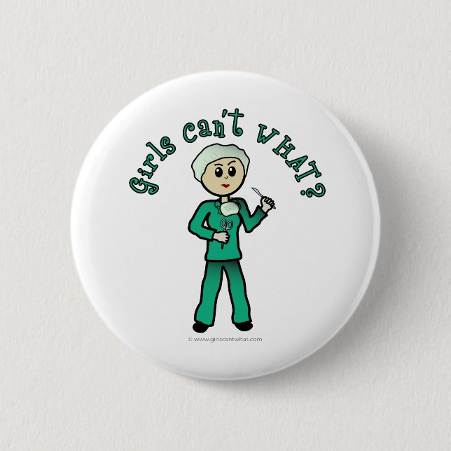 Light Female Surgeon in Green Scrubs Pinback Button (Front)