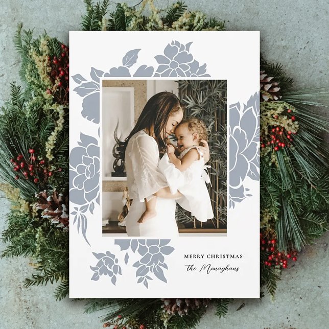 Light Floral Cutout | Dusty Blue Photo Christmas   Holiday Card (Creator Uploaded)