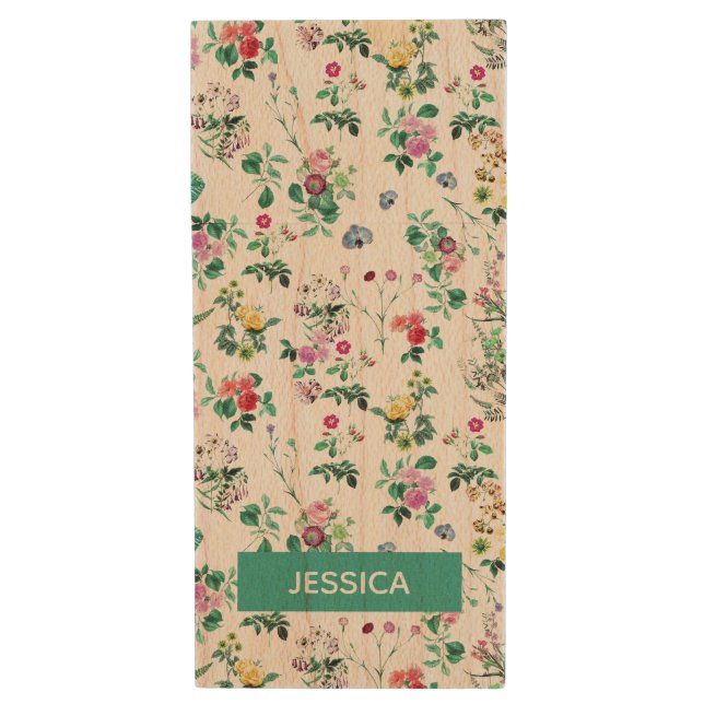 Light Floral Pattern Personalised Wood Flash Drive (Front Vertical)