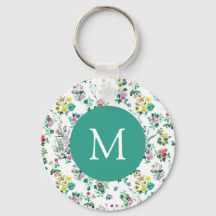 Light Floral Pattern Teal Monogram Keychain