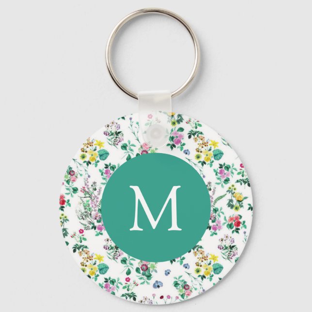 Light Floral Pattern Teal Monogram Keychain (Front)
