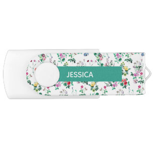 Light Floral Pattern Teal Personalised Flash Drive