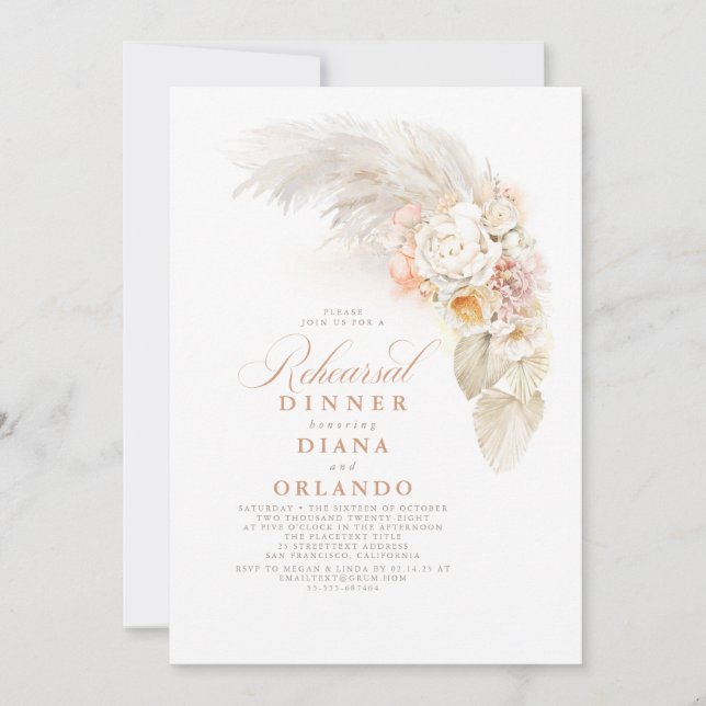 Light Flowers and Pampas Grass Rehearsal Dinner Invitation (Front)