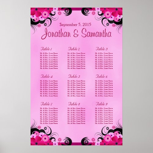 Light Fuchsia Floral Wedding 9 Table Seating Chart