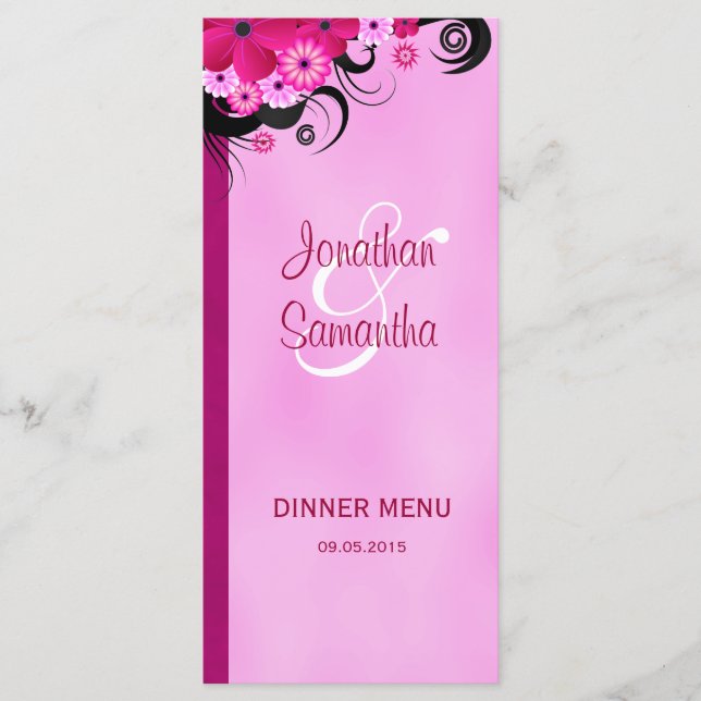 Light Fuchsia Floral Wedding Dinner Menu Cards (Front)