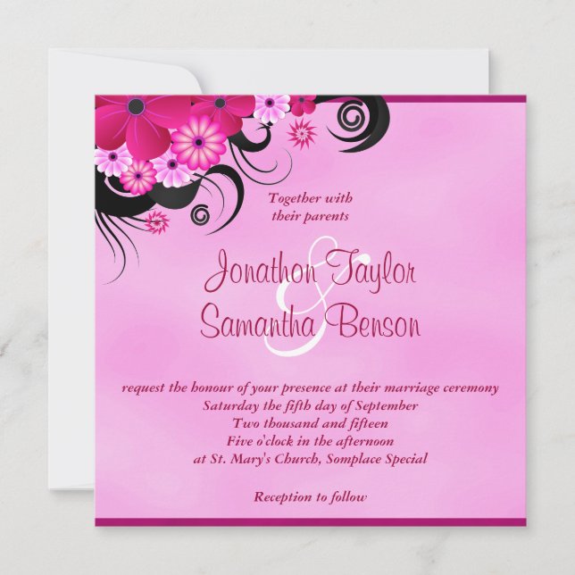 Light Fuchsia Magenta Floral Wedding 5.25" Invite (Front)