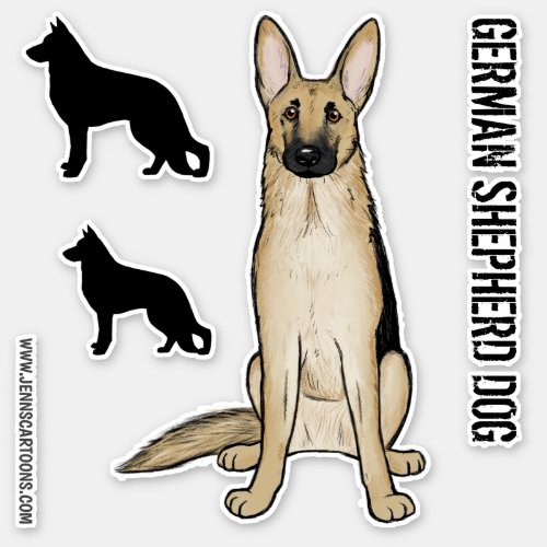 Light German Shepherd Cartoon Dog and Silhouettes Sticker