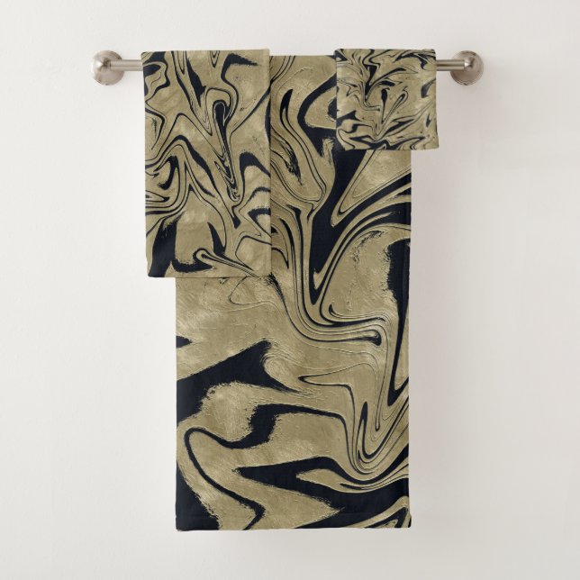 Light Gold & Black Elegant Glam Marble Swirl Bath Towel Set (Insitu)