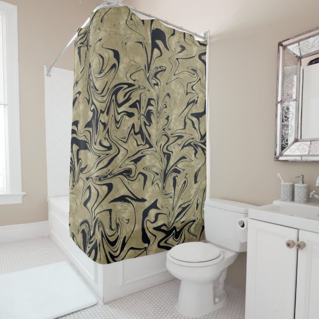 Light Gold & Black Elegant Glam Marble Swirl Shower Curtain (In Situ)