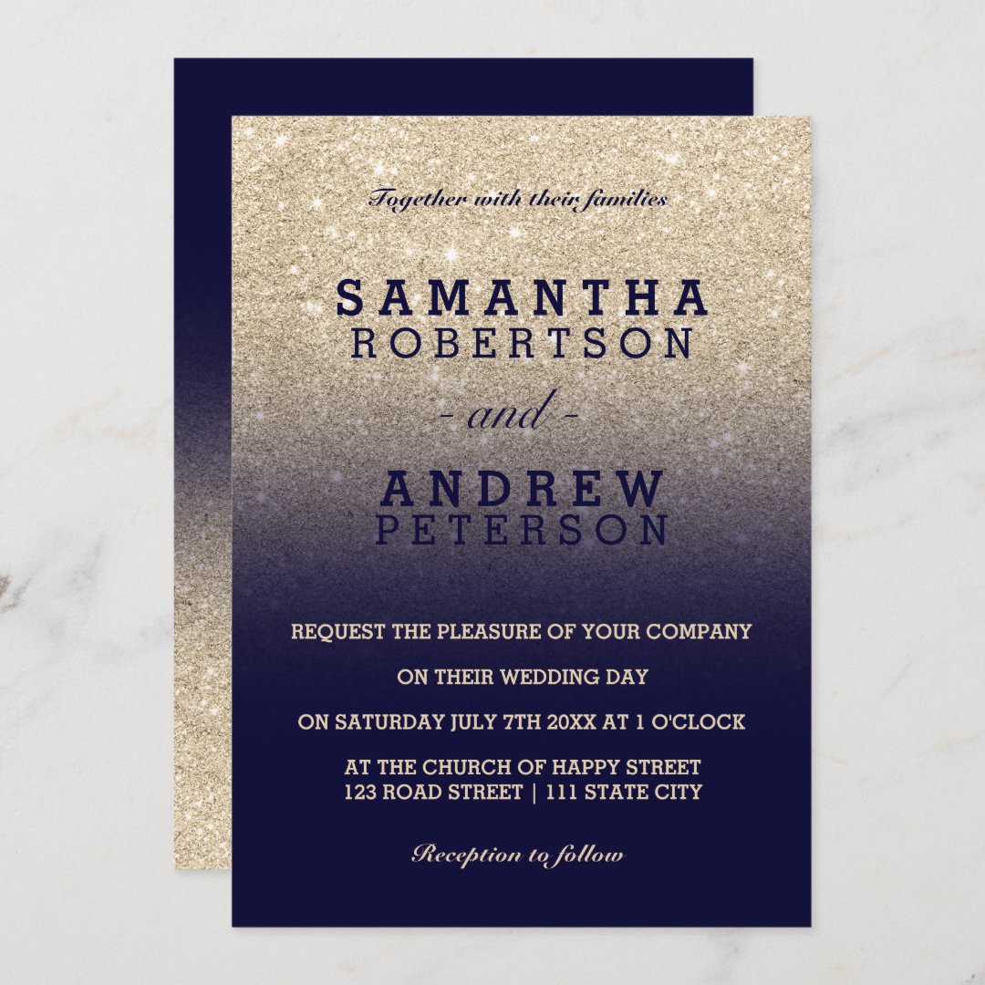 light gold chic glitter navy blue ombre wedding invitation | Zazzle