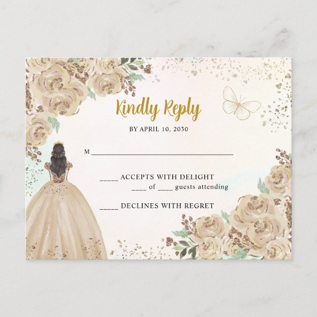 Light Gold Copper Floral Princess Quinceañera RSVP Postcard (Front)