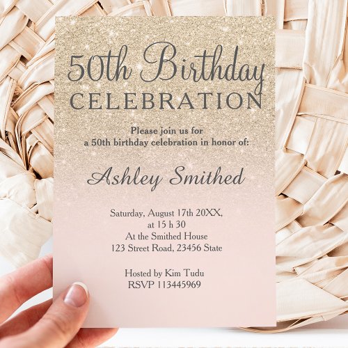 Light gold faux glitter pink ombre 50th birthday invitation