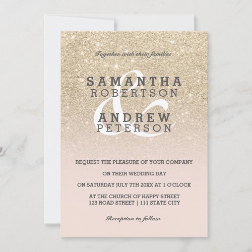 light gold faux glitter pink ombre wedding custom invitation