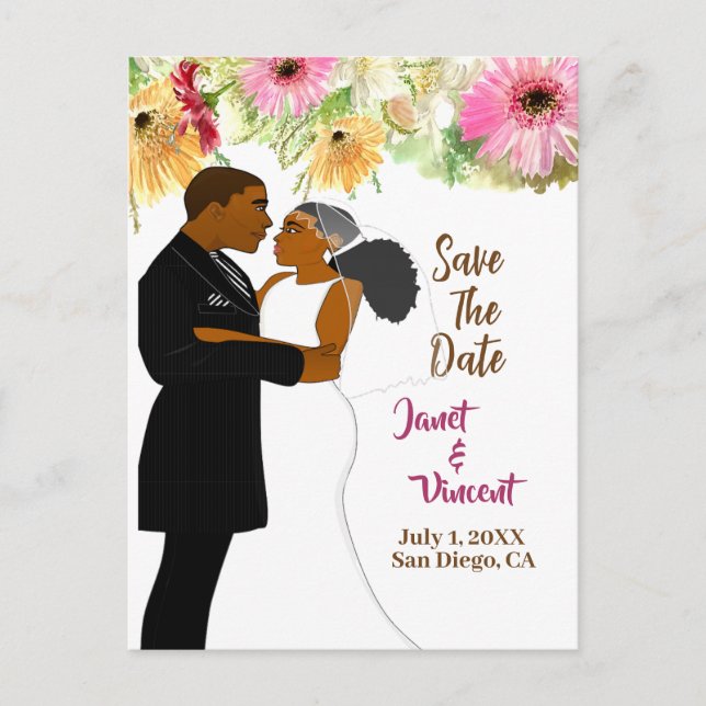 Light Gold floral African American Couple Wedding  Postcard (Front)