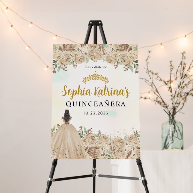 Light Gold Floral Tiara Dress Quinceanera Welcome Foam Board (In Situ (Stand))