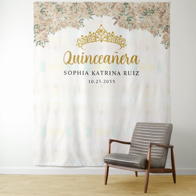 Light Gold Floral Tiara Quinceanera Photo Backdrop (In Situ)