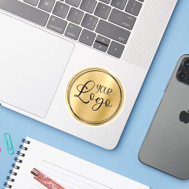 Light Gold Foil Your Business Logo Here Sticker (Laptop w/ iPhone)