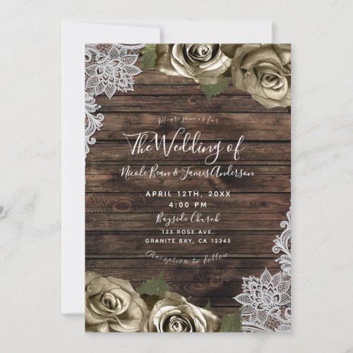 Light Gold Glam Floral Roses Rustic Wood Lace  Invitation