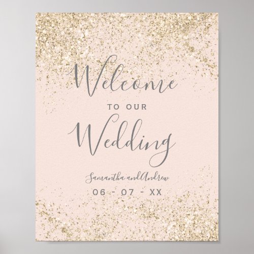 light gold glitter blush pink chic wedding welcome poster