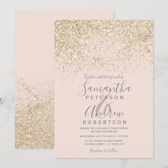 light gold glitter blush pink elegant chic wedding invitation (Front/Back)