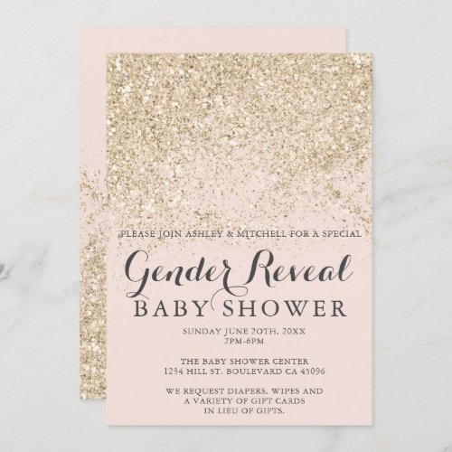 light gold glitter blush pink gender reveal baby invitation
