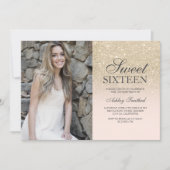 Light gold glitter blush pink ombre photo Sweet 16 Invitation (Front)
