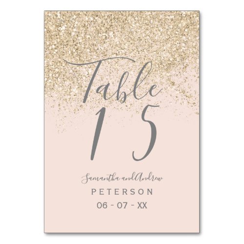 light gold glitter blush pink script wedding table table number