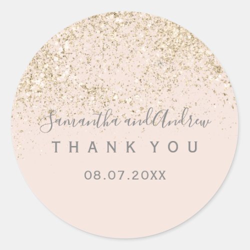 light gold glitter blush pink typography Thank you Classic Round Sticker