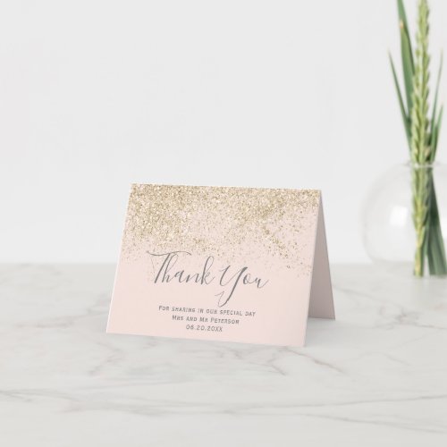 light gold glitter blush pink wedding thank you card