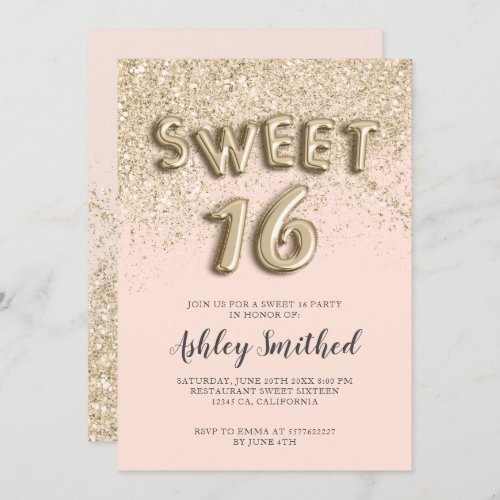 light gold glitter letters blush sweet sixteen invitation