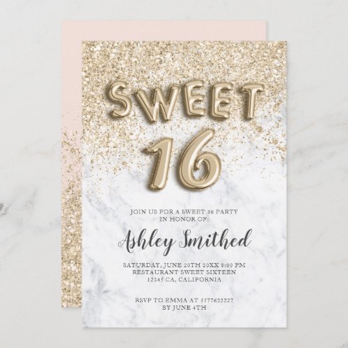 light gold glitter letters marble sweet sixteen invitation