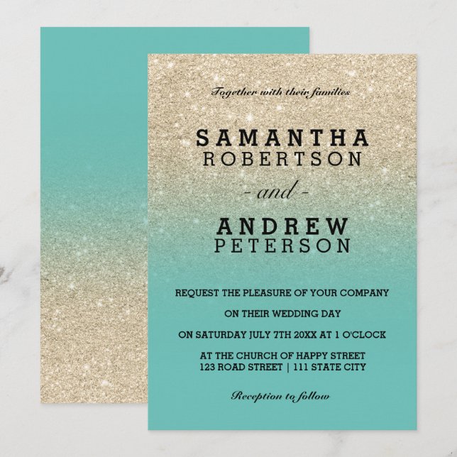 light gold glitter light teal ombre wedding invitation (Front/Back)