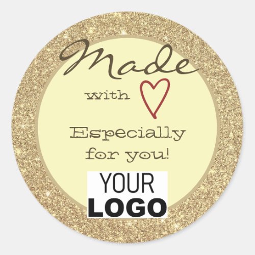 Light Gold Glitter Made with Love Red Heart Logo Classic Round Sticker