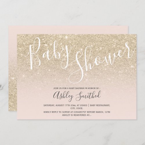 Light gold glitter ombre pink baby shower invitation