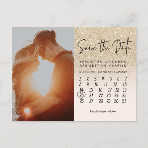 light gold glitter photo calendar save the date announcement postcard