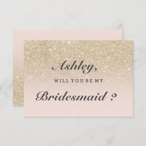 light gold glitter pink ombre be my bridesmaid invitation