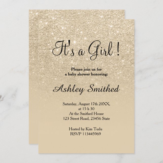 light gold glitter pink ombre girl baby shower invitation (Front/Back)