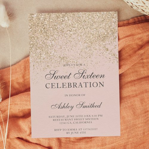 light gold glitter sparkles blush sweet sixteen invitation