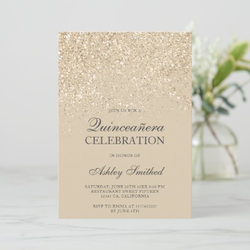light gold glitter sparkles glam chic Quinceañera Invitation | Zazzle