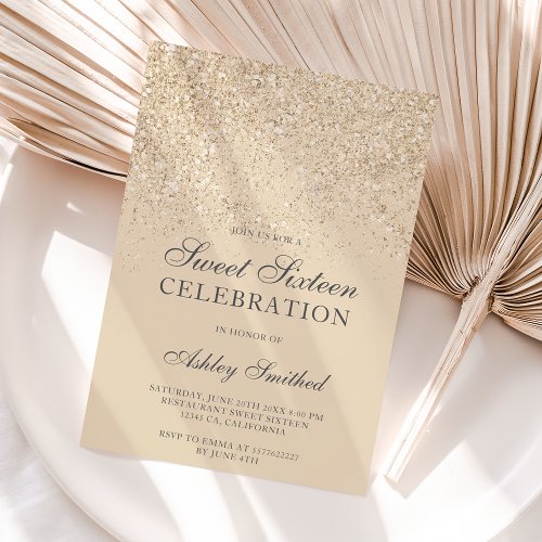 light gold glitter sparkles ivory sweet sixteen invitation
