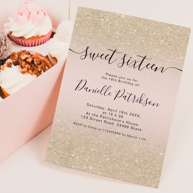 light gold glitter sparkles pink ombre sweet 16 invitation (Creator Uploaded)
