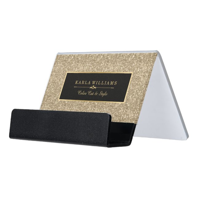 Light Gold Glitter Texture Black Accent Desk Business Card Holder (Angled Front)